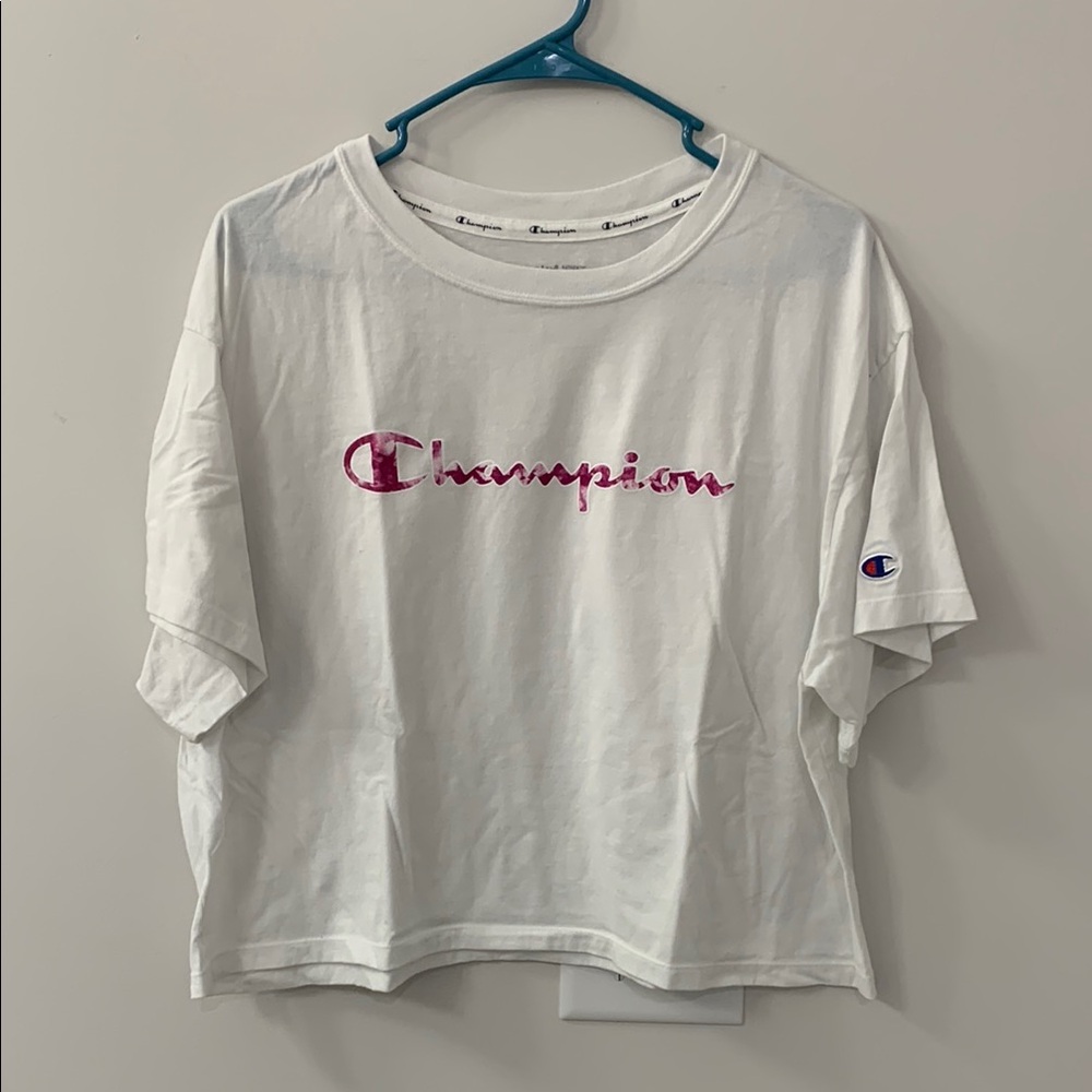 Champion White T-Shirt with Pink Logo